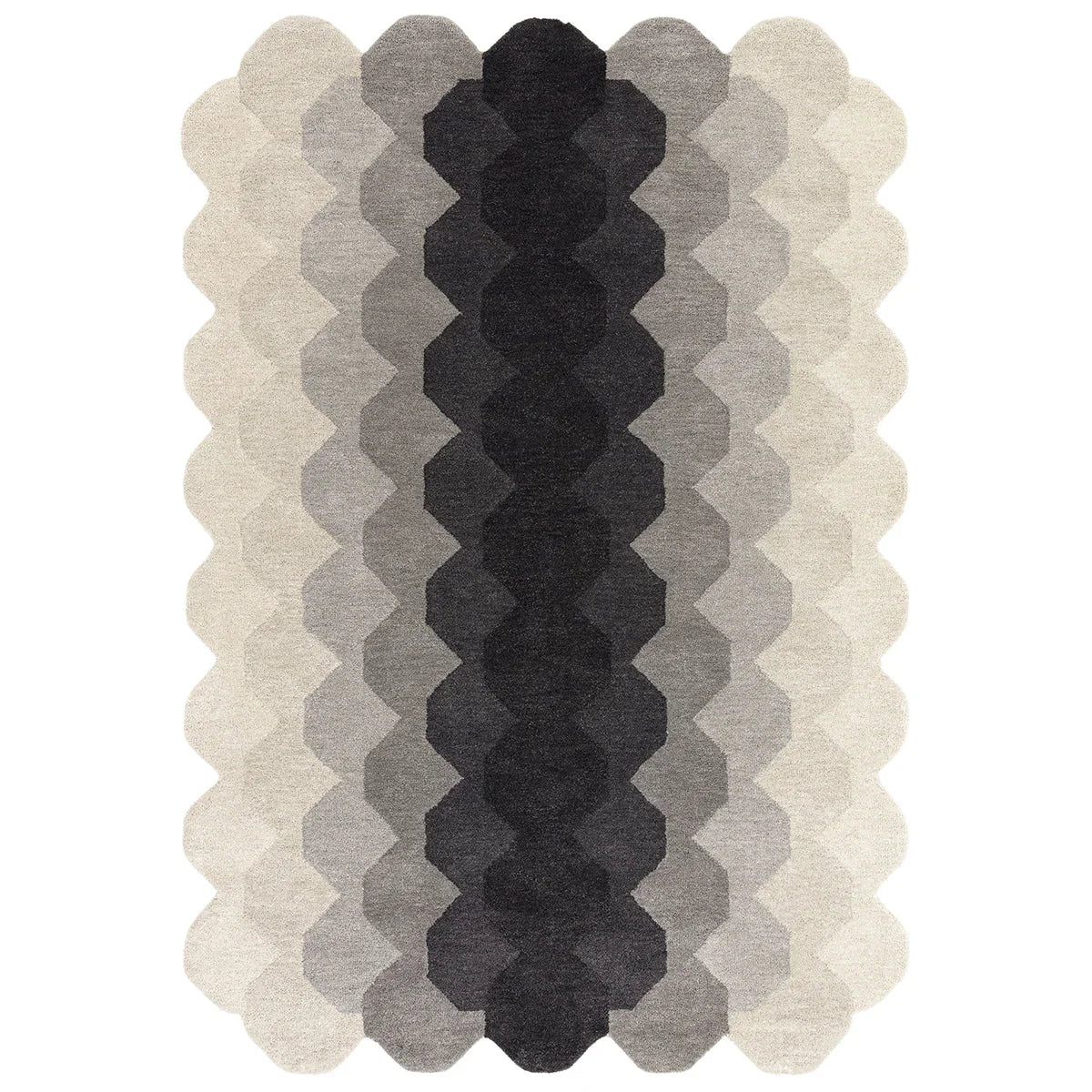 Woven patterned rug with black, gray, and beige colors on a white background