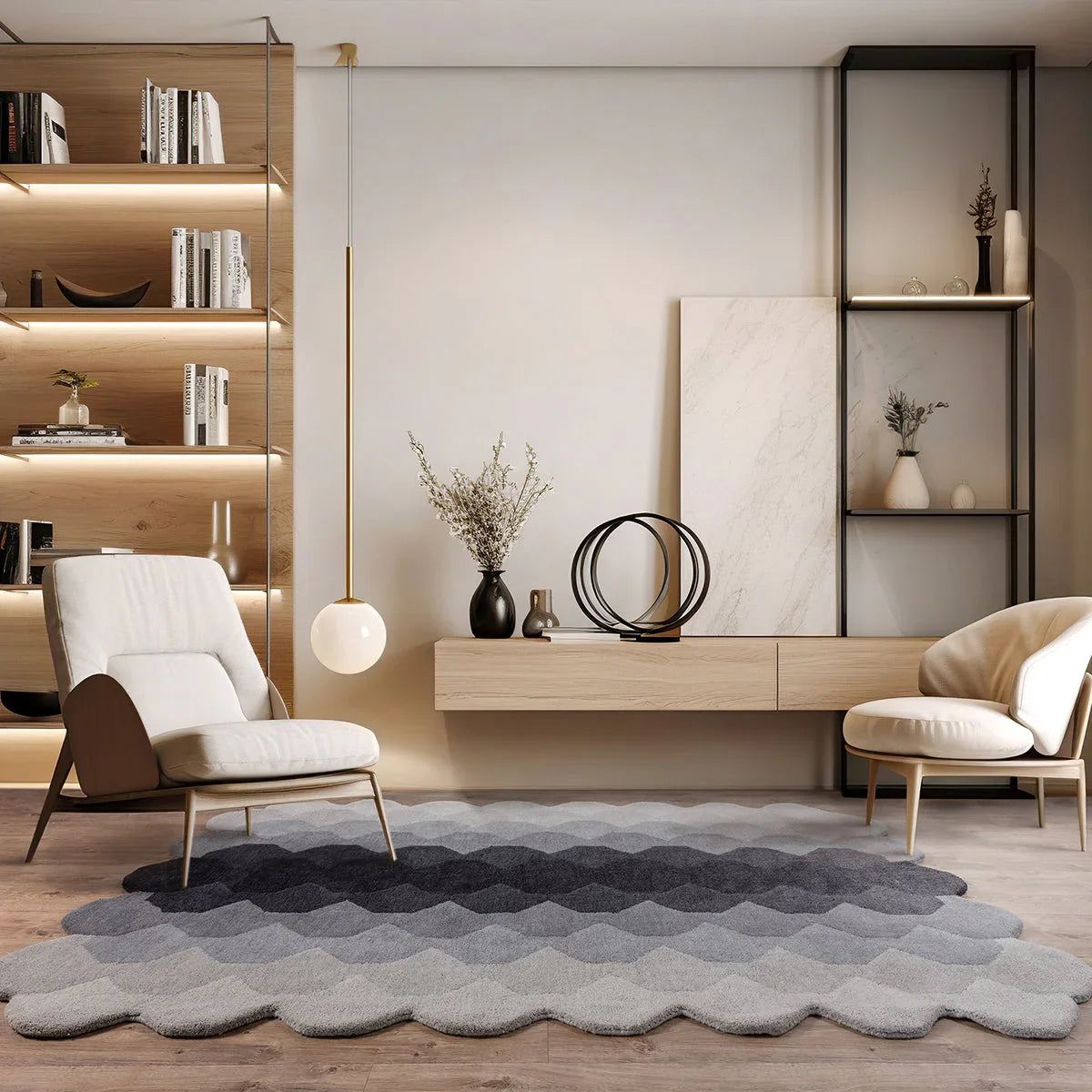 Modern living room with a geometric rug, bookshelves, and decorative items.