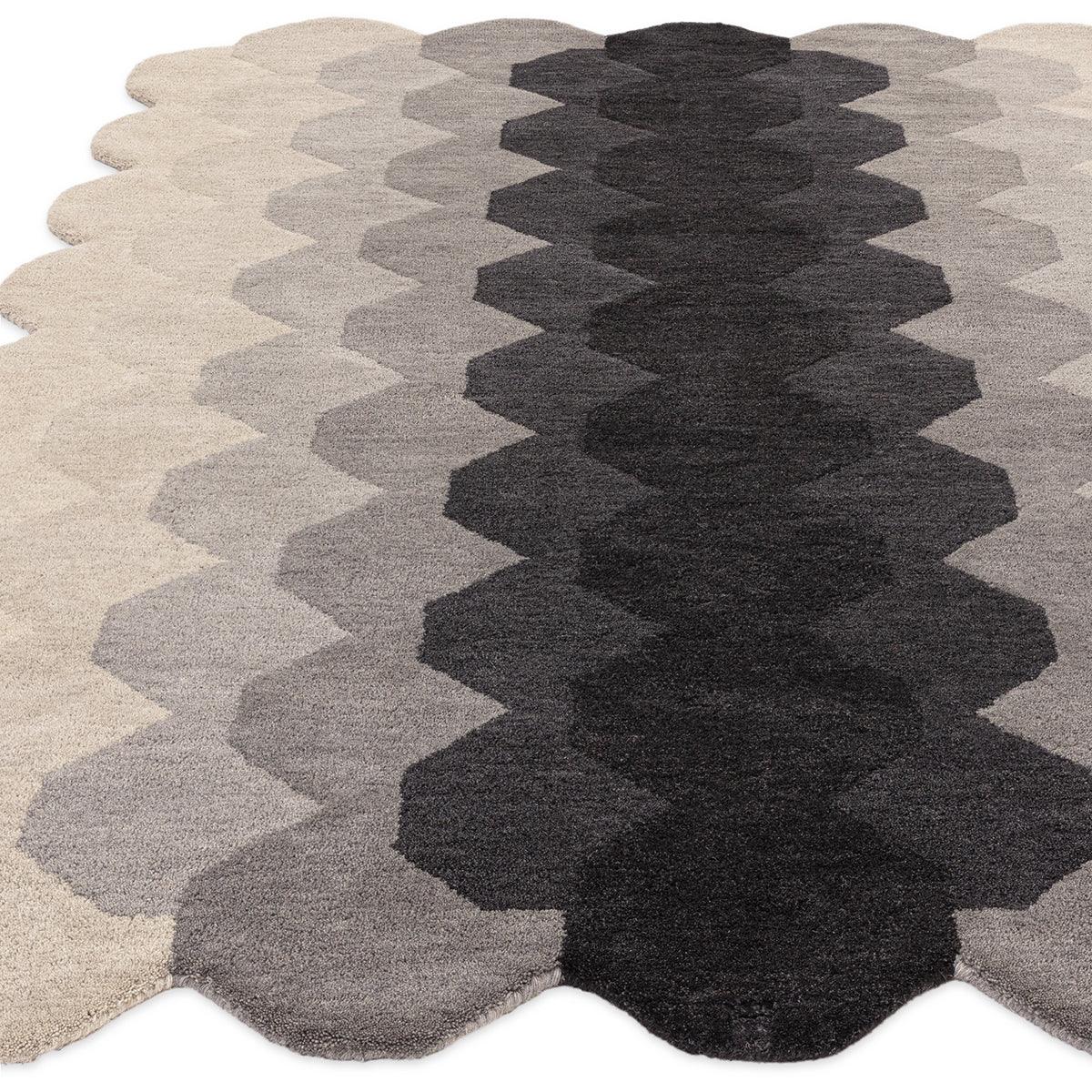 Asiatic Hive Charcoal Designer Rug featuring honeycomb pattern in ivory, beige, light grey and charcoal on white background, hand-tufted wool