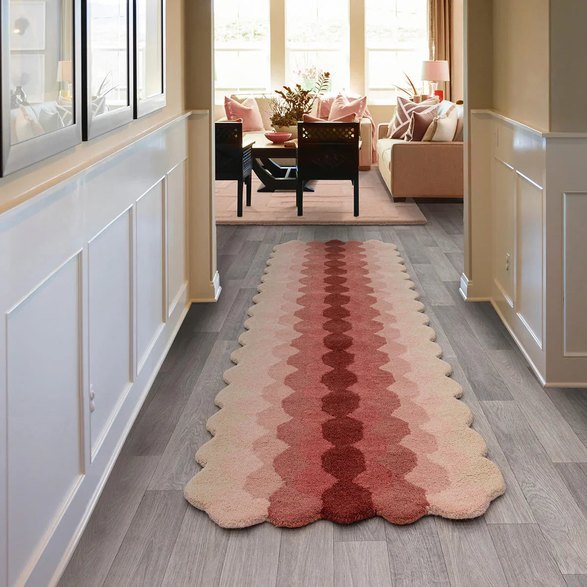 Asiatic Hive Pink Runner Designer Rug hive pattern in blush pink, dusty rose, burgundy on cream background, tufted wool