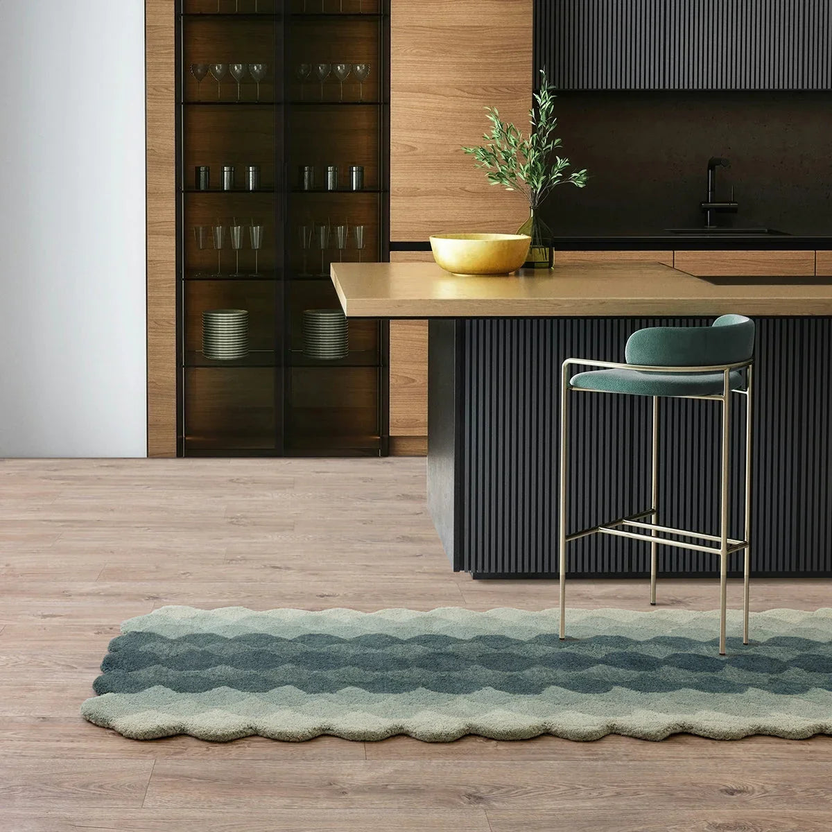Asiatic Hive Teal Runner featuring honeycomb scallop pattern in teal, seafoam and navy on light cream background, hand-tufted wool