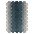 Asiatic Hive Teal Designer Rug featuring hex honeycomb pattern in teal, navy and greys on pale ivory background, hand-tufted wool