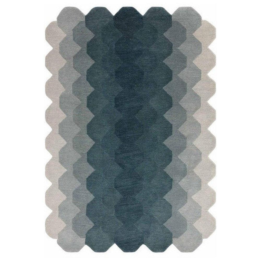 Asiatic Hive Teal Designer Rug featuring hex honeycomb pattern in teal, navy and greys on pale ivory background, hand-tufted wool