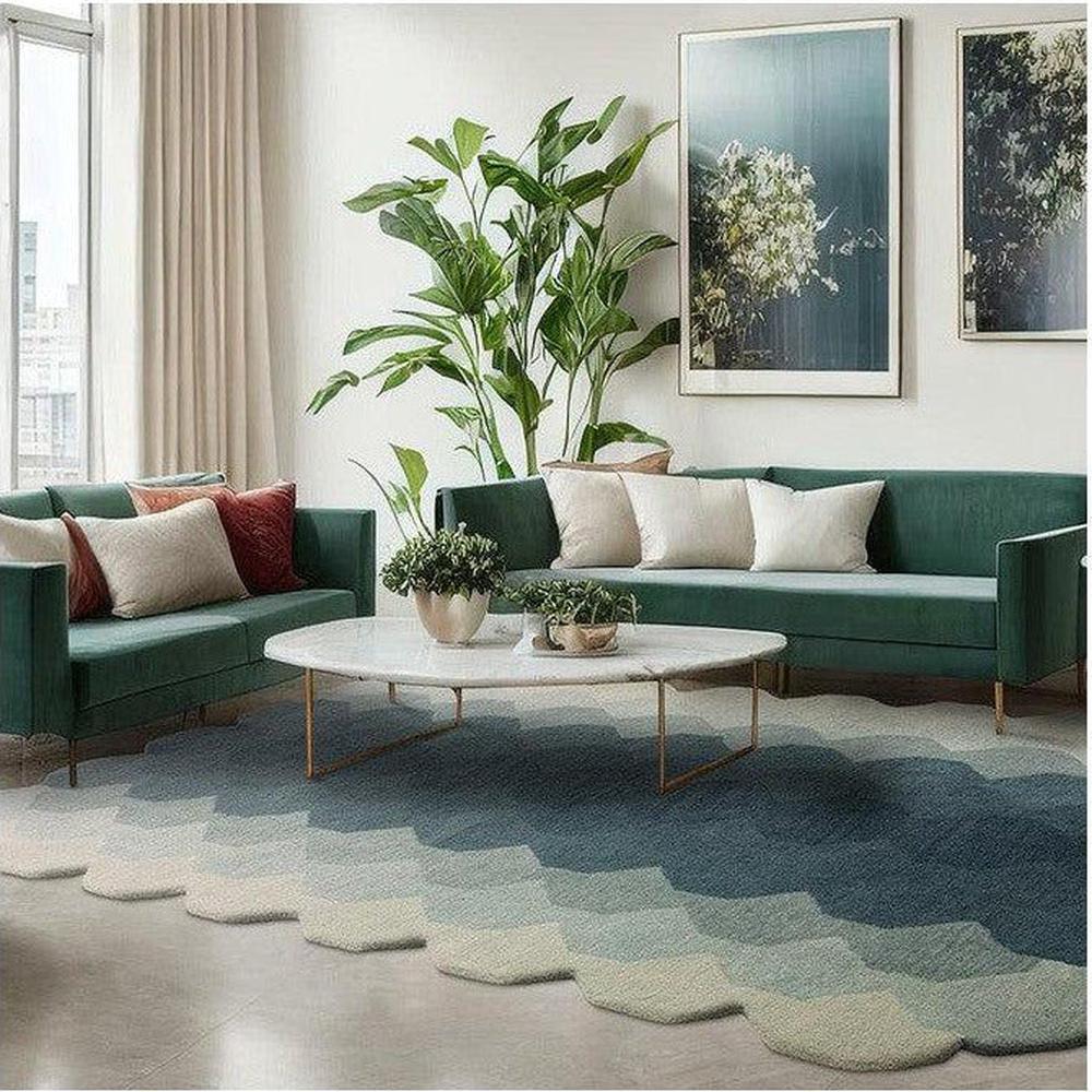 Asiatic Hive Teal Designer Rug featuring scalloped gradient wave pattern in cream, beige, teal on light grey background, hand-tufted wool