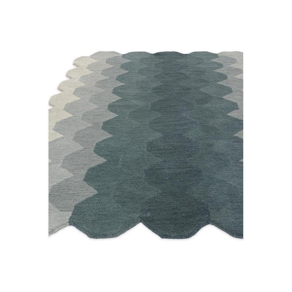 Asiatic Hive Teal Designer Rug featuring geometric honeycomb pattern in teal, charcoal and light grey on white, hand-tufted wool