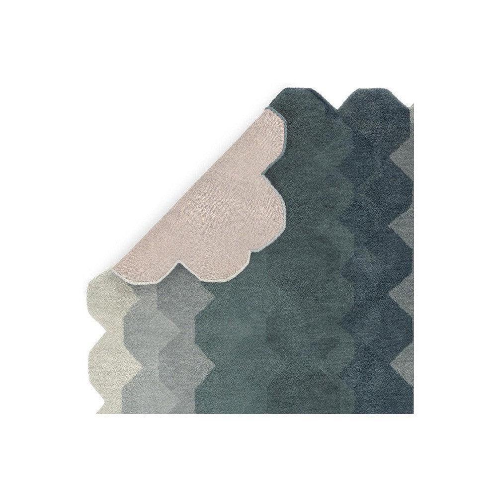 Asiatic Hive Teal Designer Rug featuring honeycomb geometric pattern in teal, dark teal and beige on white background, hand-tufted wool