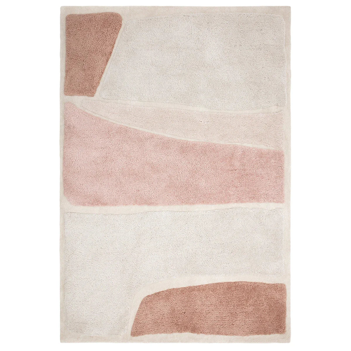 Rug with abstract design in pink and beige on a white background