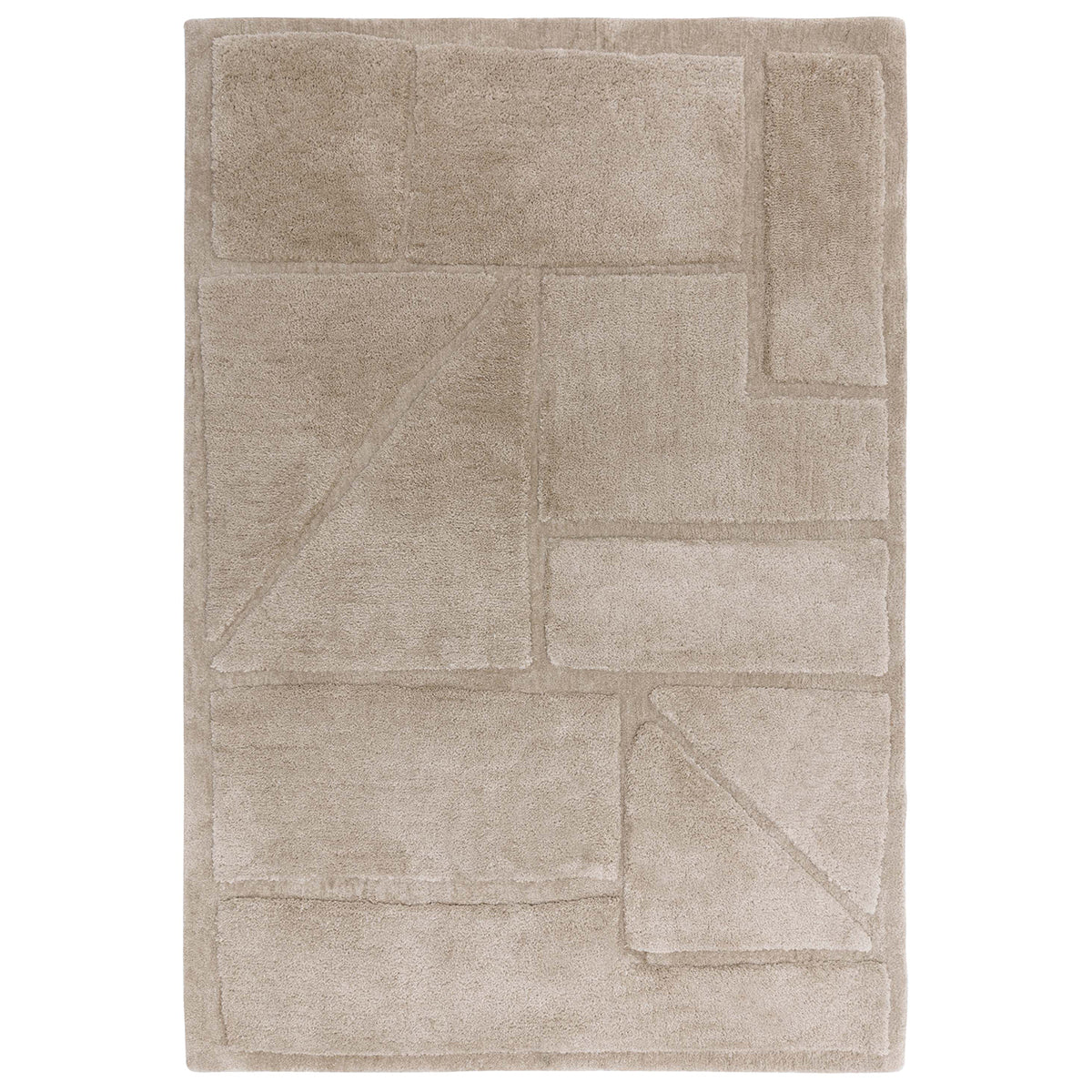 Beige area rug with geometric pattern on a white background