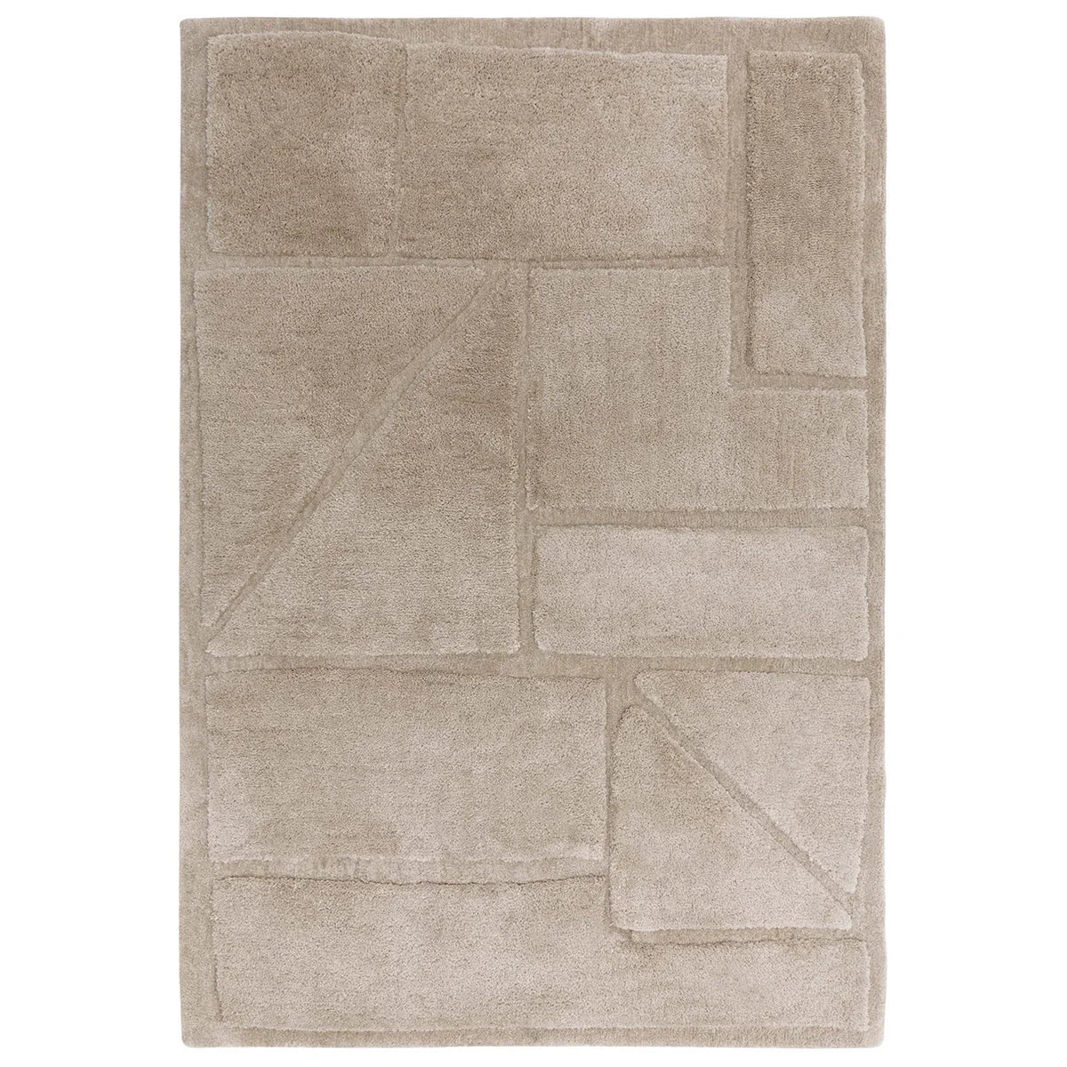 Beige area rug with geometric pattern on a white background