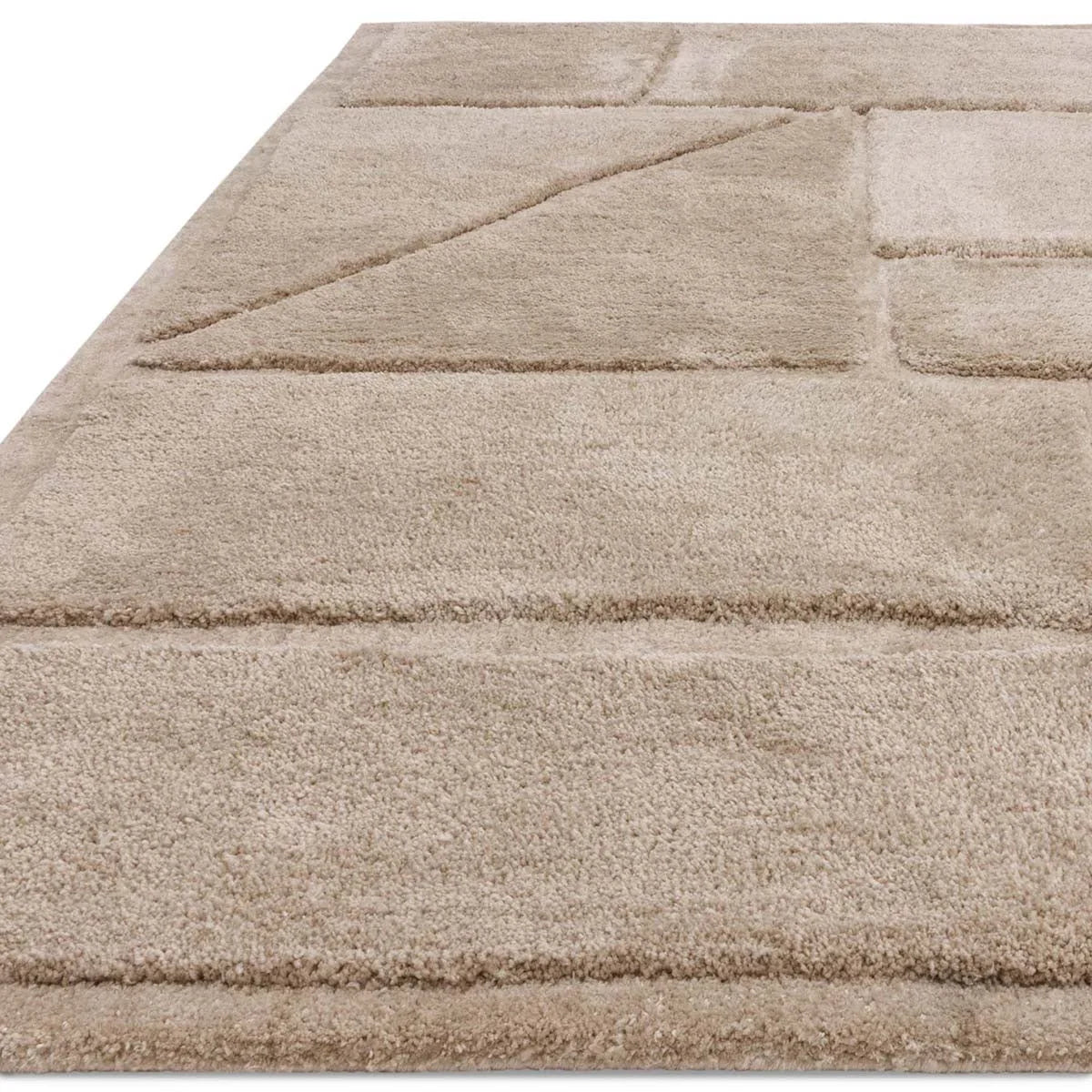 Asiatic Horizon Sand Designer Rug featuring geometric block pattern in sand, beige, cream on white background, hand-tufted wool