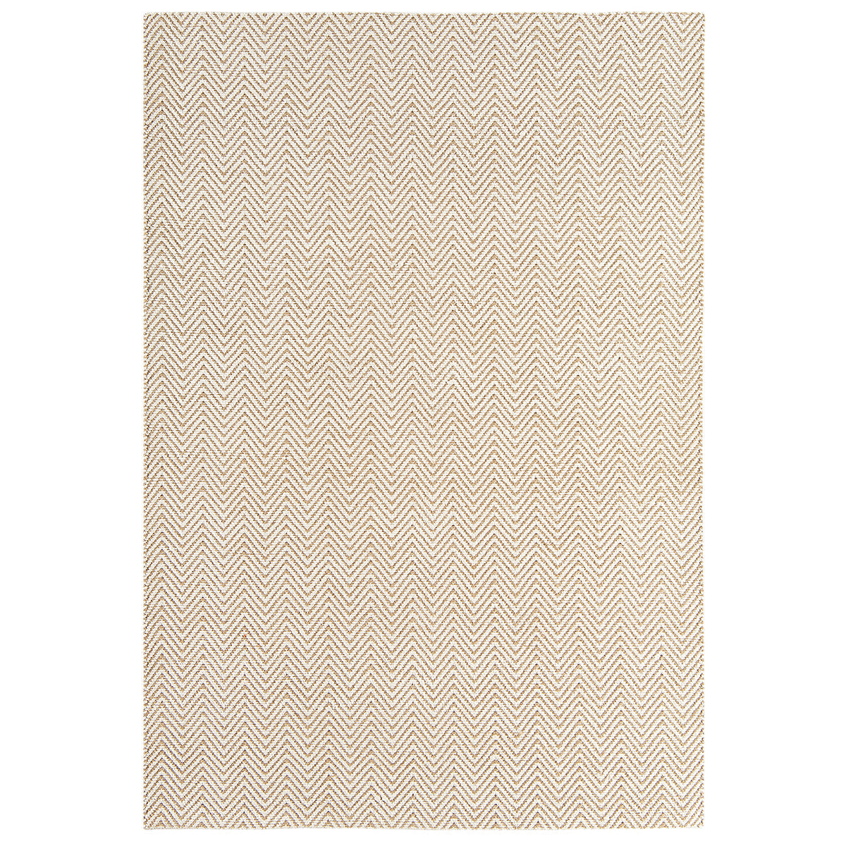 Beige and white chevron patterned rug on a white background