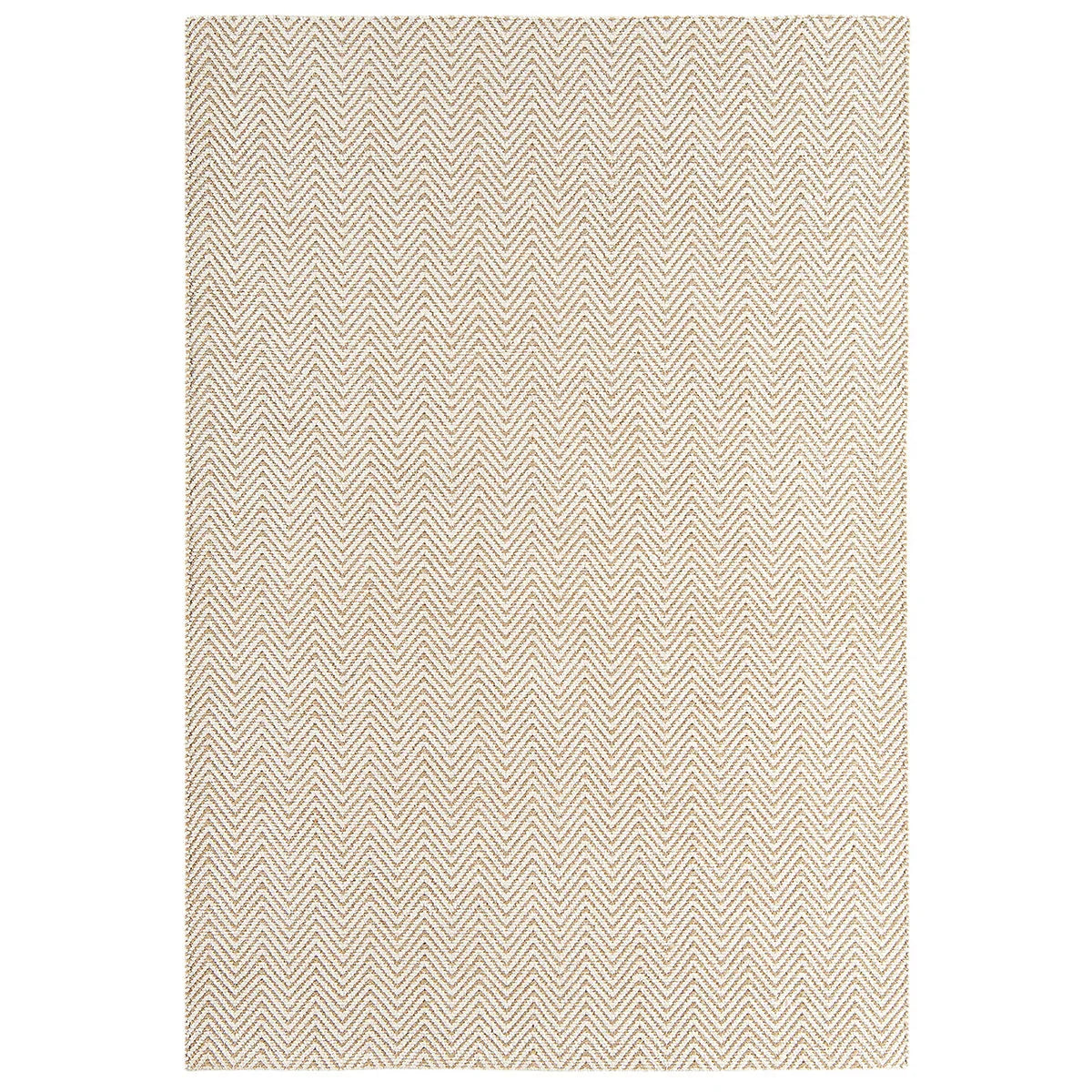 Beige and white chevron patterned rug on a white background