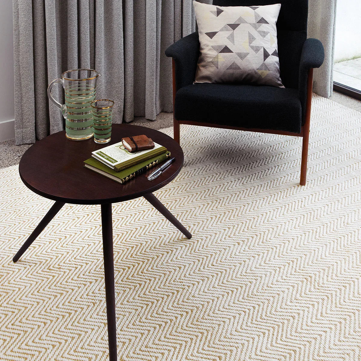 Asiatic Ives Natural Rug featuring chevron pattern in beige, cream and taupe on ivory background, hand-tufted wool