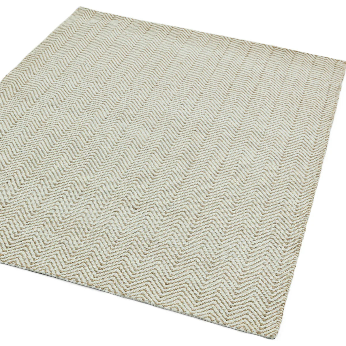 Asiatic Ives Natural Designer Rug featuring chevron geometric pattern in ivory, taupe and beige on cream background, hand-tufted wool