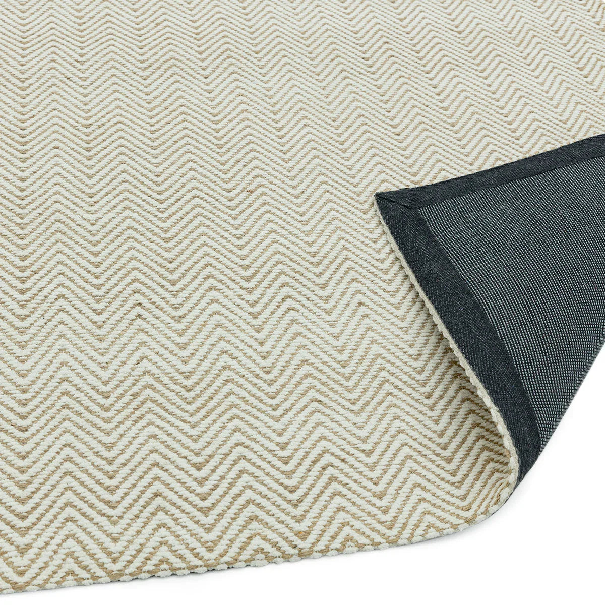 Asiatic Ives Natural Designer Rug featuring zigzag chevron in beige, cream and taupe on cream background, hand-tufted wool