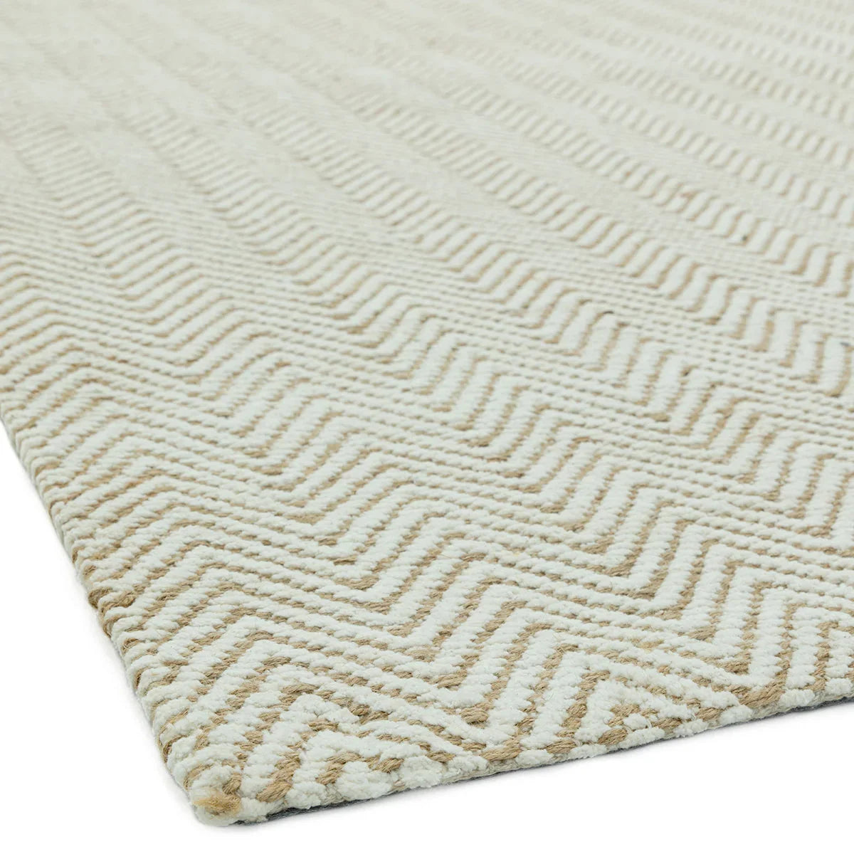 Asiatic Ives Natural Designer Rug featuring geometric stripe pattern in cream, beige and taupe on ivory background, hand-tufted wool