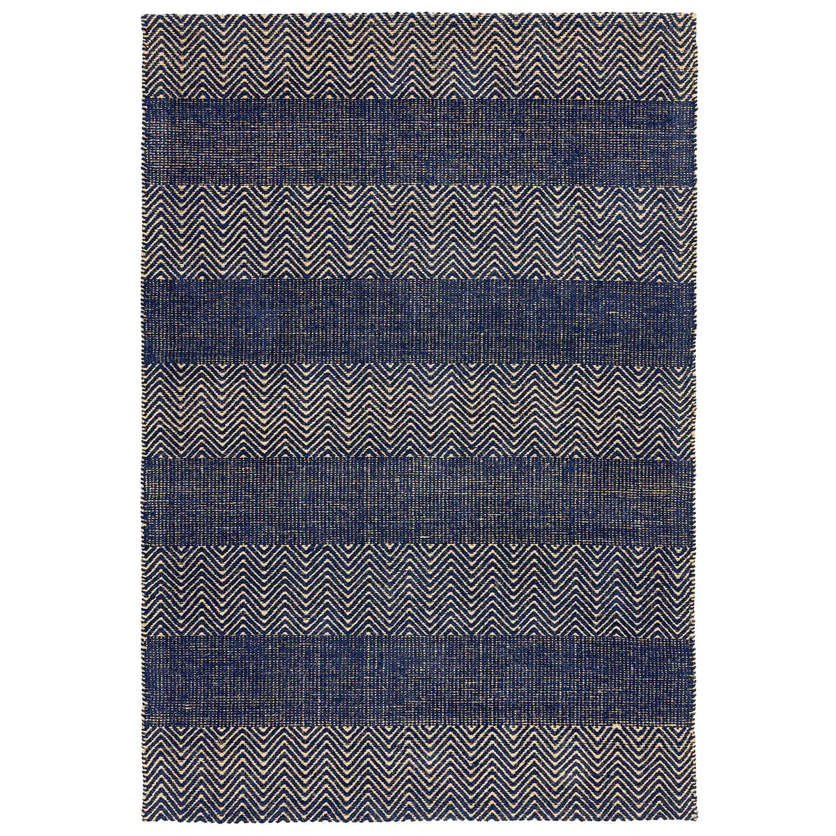 Rug with blue and beige striped pattern on a white background
