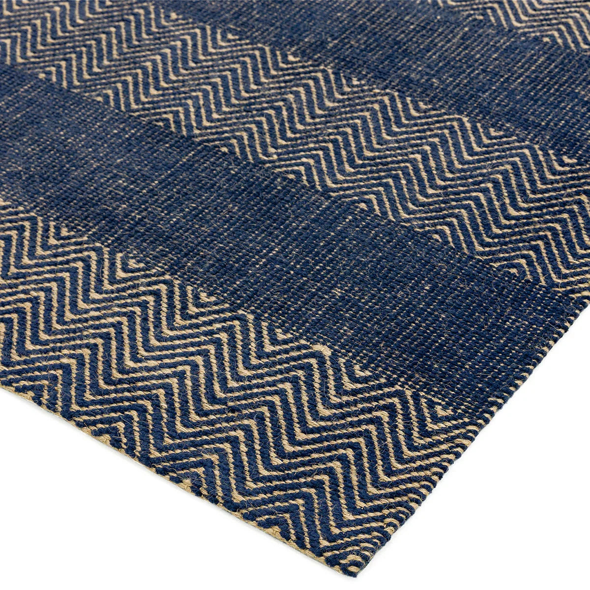 Asiatic Ives Navy Blue Rug featuring zigzag chevron in navy blue and beige on navy background, hand-tufted wool