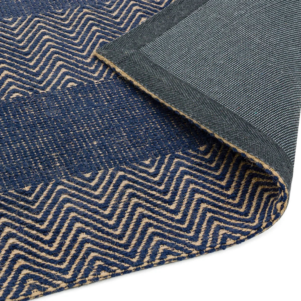 Asiatic Ives Navy Blue Designer Rug featuring geometric Greek-key pattern in navy, beige and light blue on cream background, hand-tufted wool