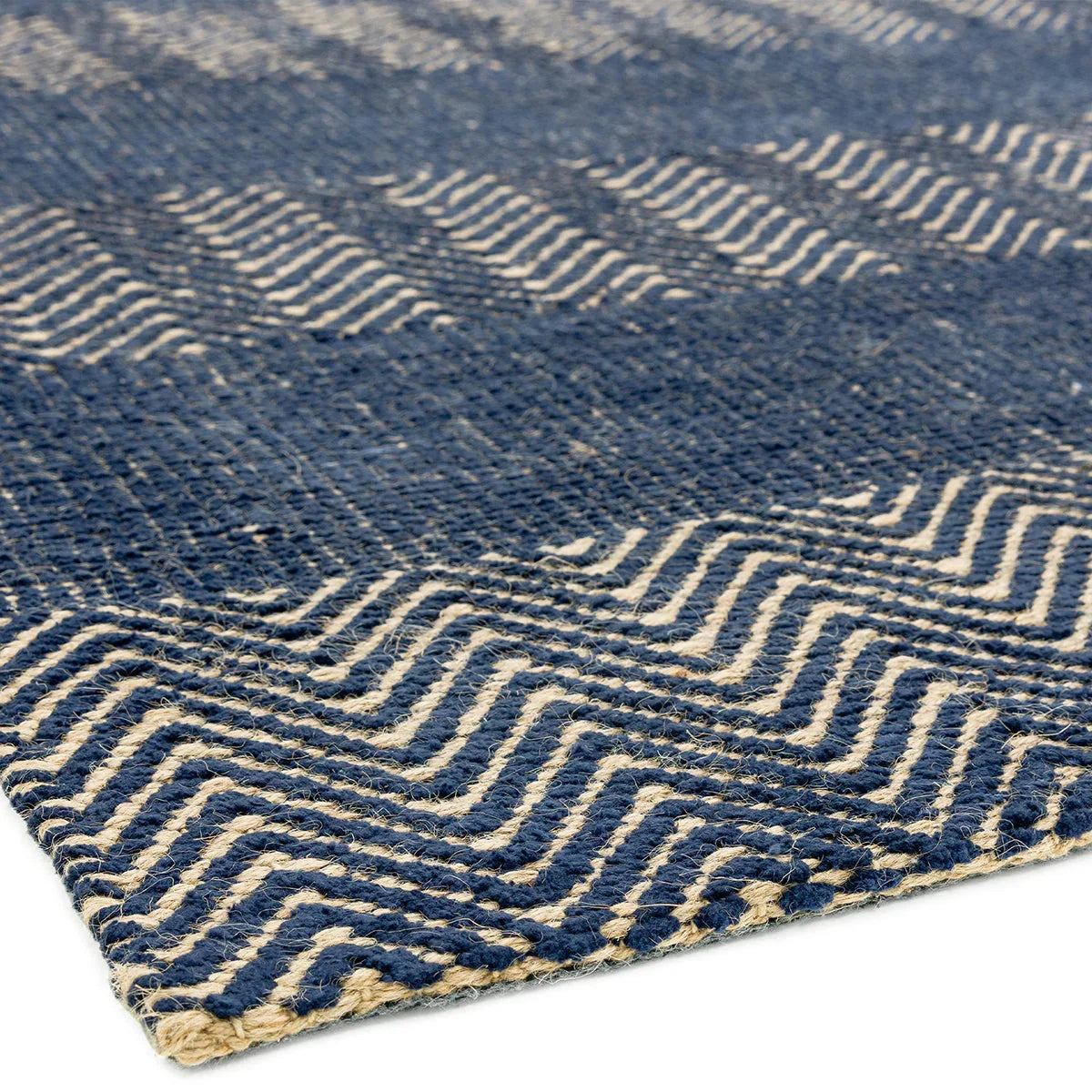 Asiatic Ives Navy Blue Designer Rug featuring geometric chevron in navy blue and ivory on cream background, hand-tufted wool