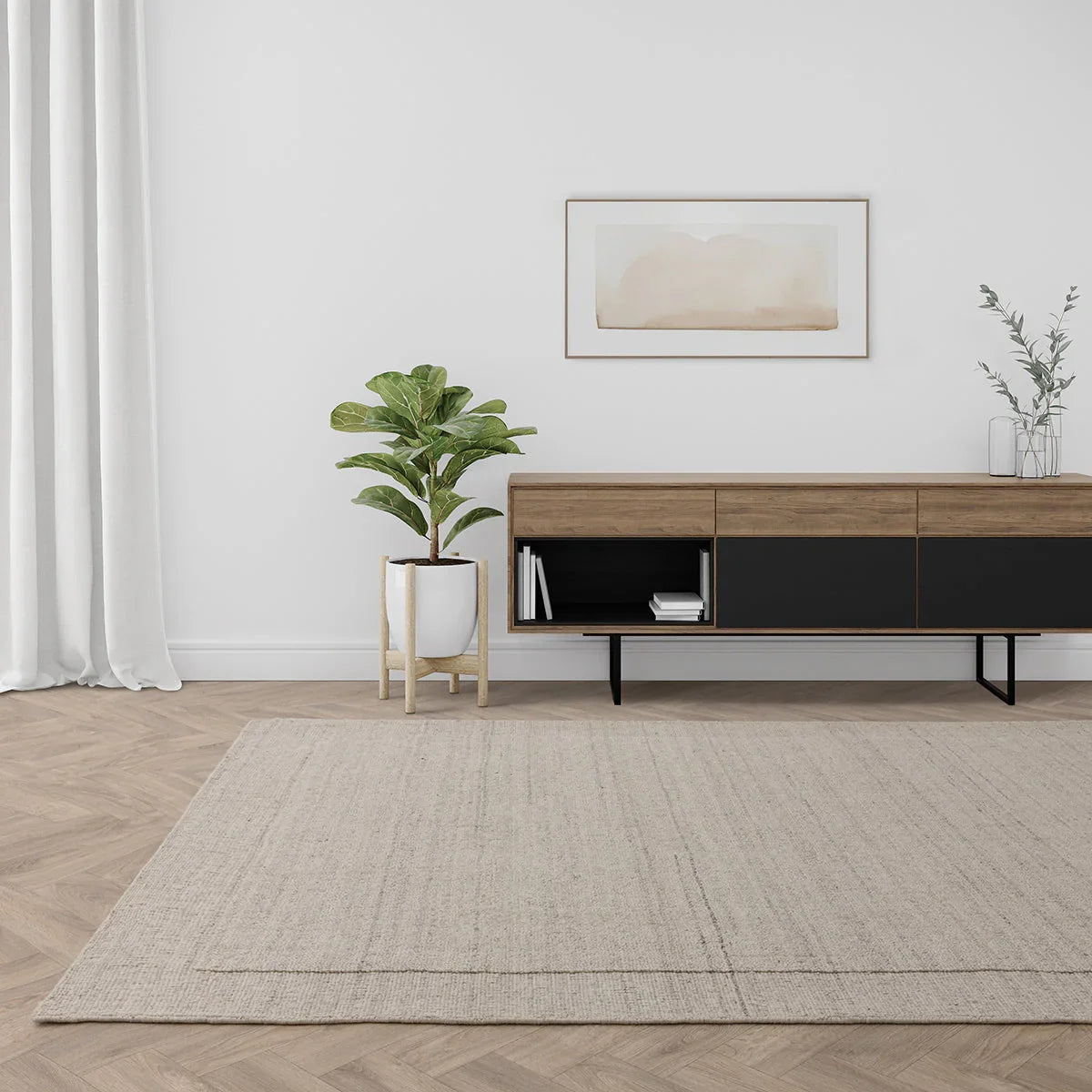 Modern living room with a wooden console table, plants, and a rug.