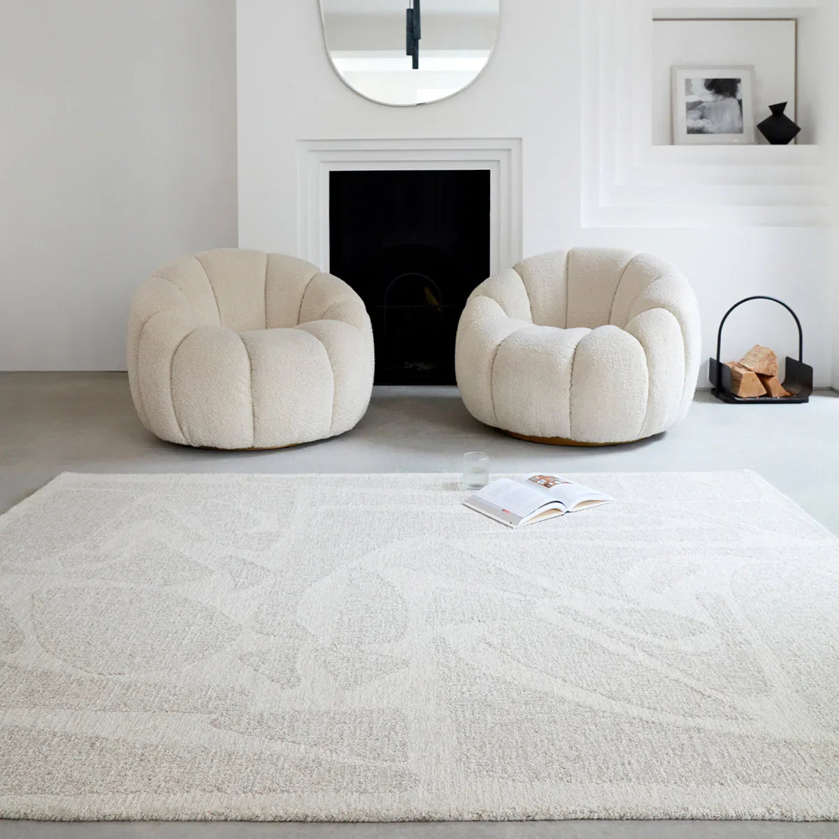 Asiatic Loxley Chalk Designer Rug featuring abstract botanical motif in cream, ivory and sandstone on soft ivory background, hand-tufted wool