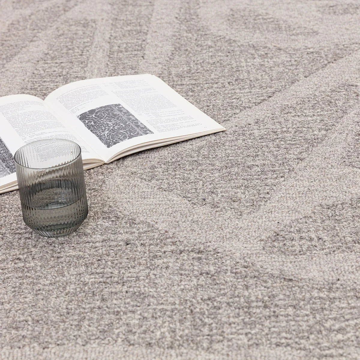 Asiatic Loxley Stone Grey Designer Rug featuring textured pattern in stone grey, charcoal & ivory on beige background, hand-tufted wool