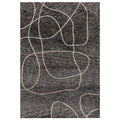 Gray area rug with white abstract line design on a plain background