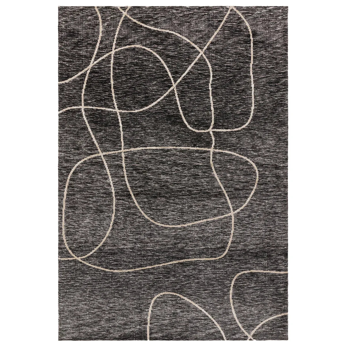 Gray area rug with white abstract line design on a plain background