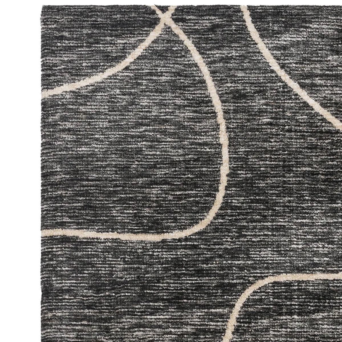Asiatic Mason Linear Designer Rug featuring abstract curved lines in cream on charcoal background, hand-tufted wool
