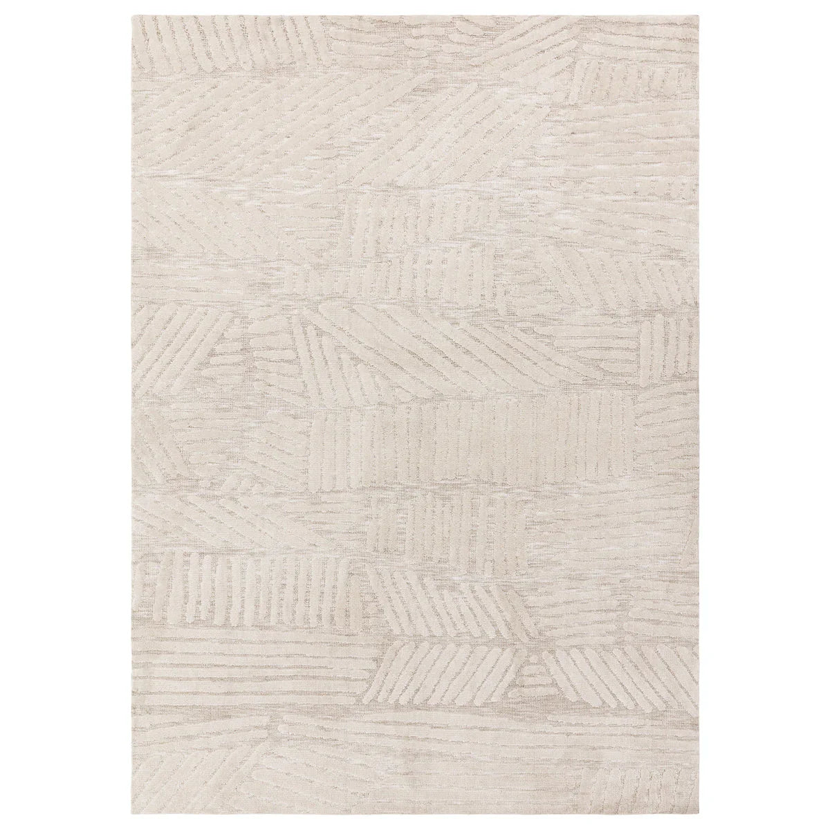 Textured beige rug with geometric pattern on a white background