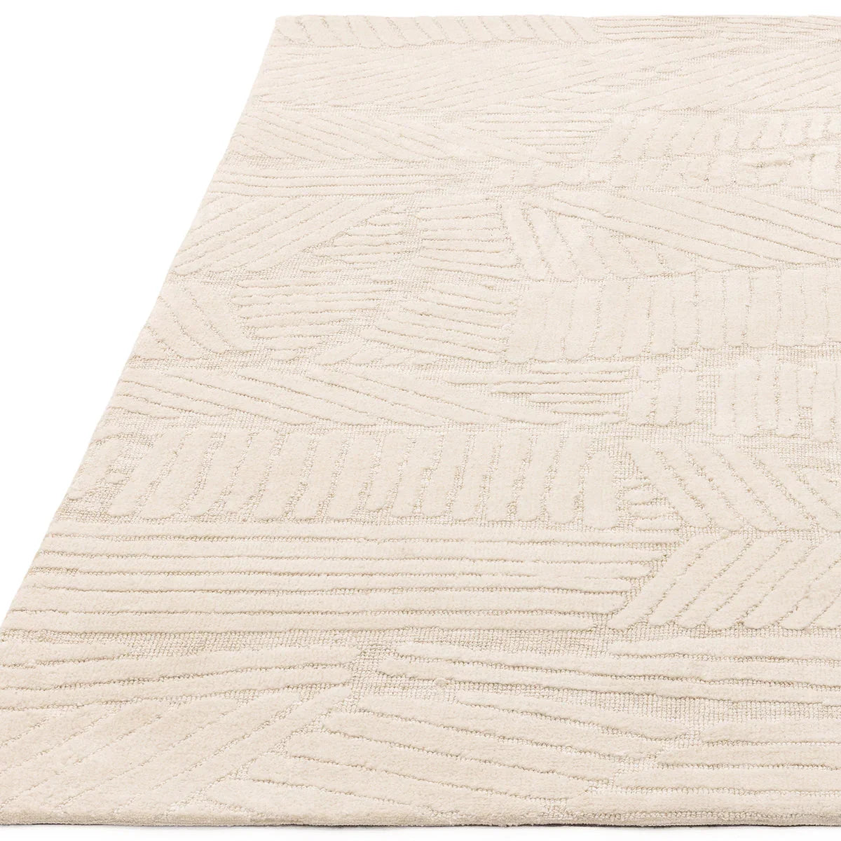 Asiatic Mason Trapezium rug featuring geometric linear pattern in cream/ivory on beige background, hand-tufted wool