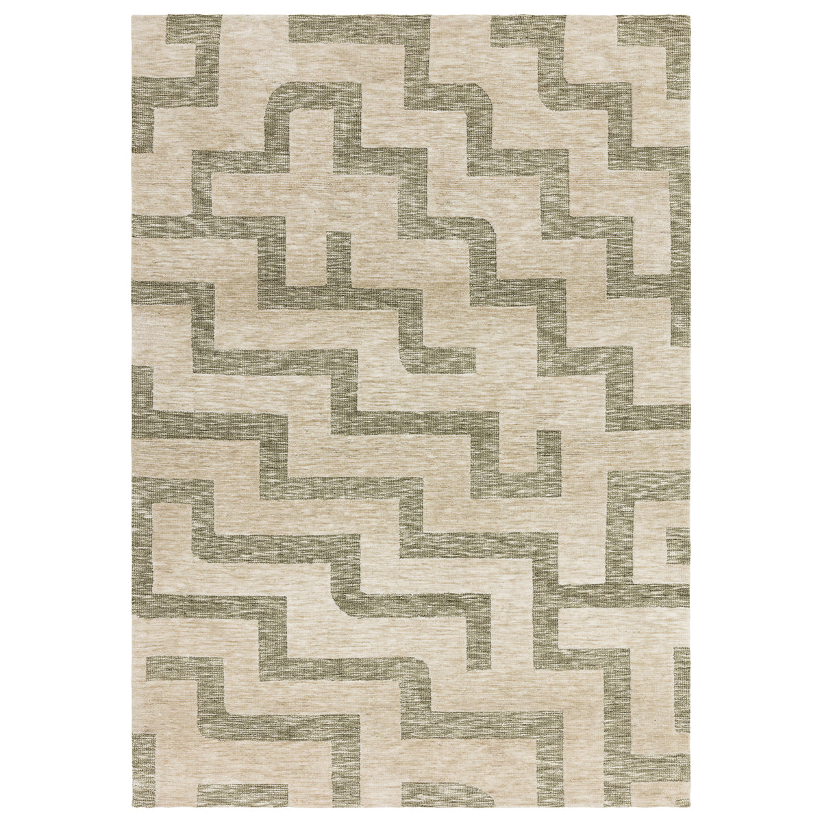 Geometric patterned rug with wavy lines on a white background