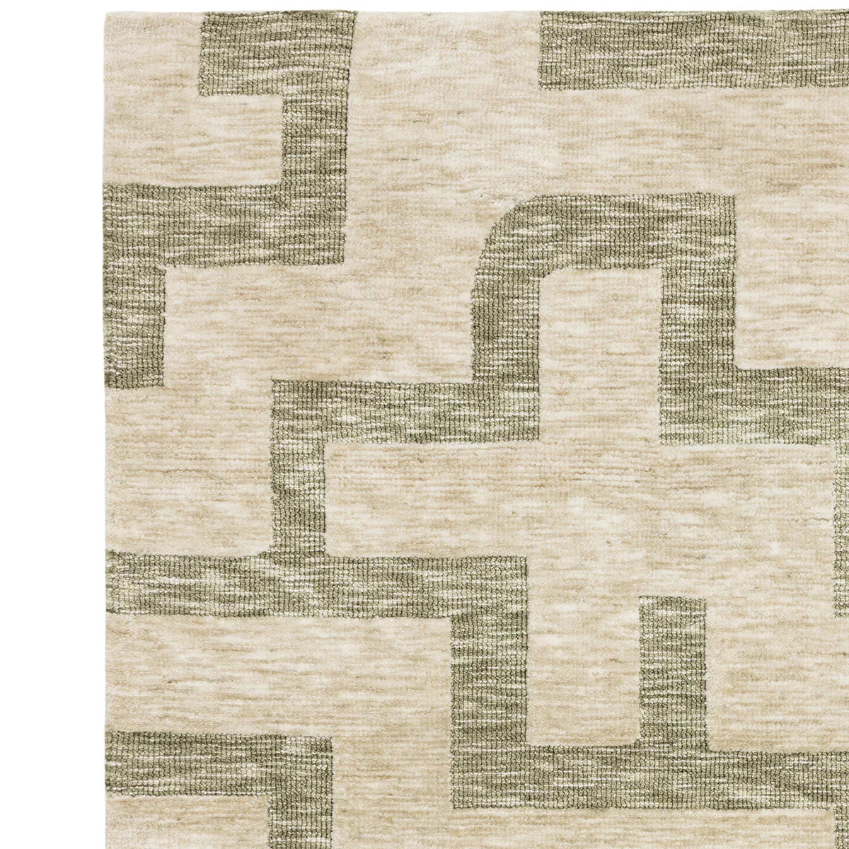 Asiatic Mason Maze Rug featuring geometric maze pattern in beige and olive on taupe background, hand-tufted wool