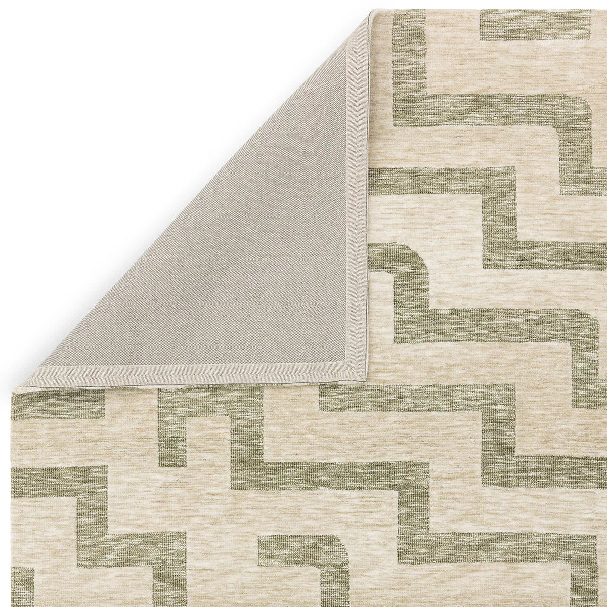 Asiatic Mason Maze rug featuring geometric maze pattern in olive-green and cream on beige background, hand-tufted wool