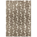 Patterned rug with brown and beige design on a white background