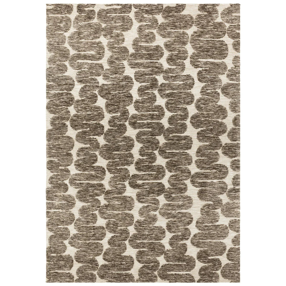 Patterned rug with brown and beige design on a white background