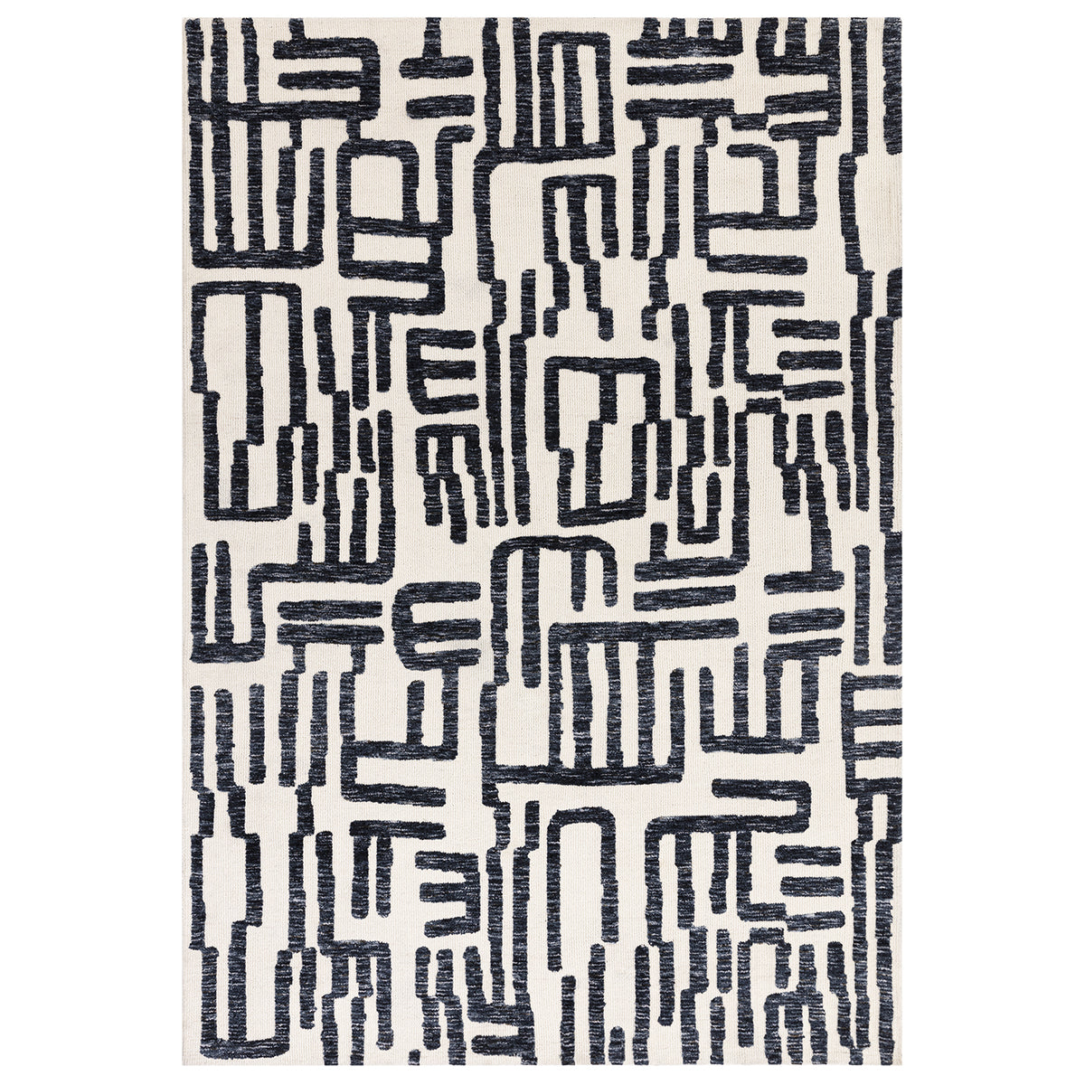 Rug with black geometric pattern on a white background