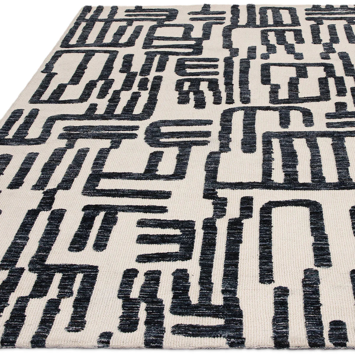 Asiatic Mason Script Designer Rug featuring abstract geometric script pattern in navy blue on cream background, hand-tufted wool