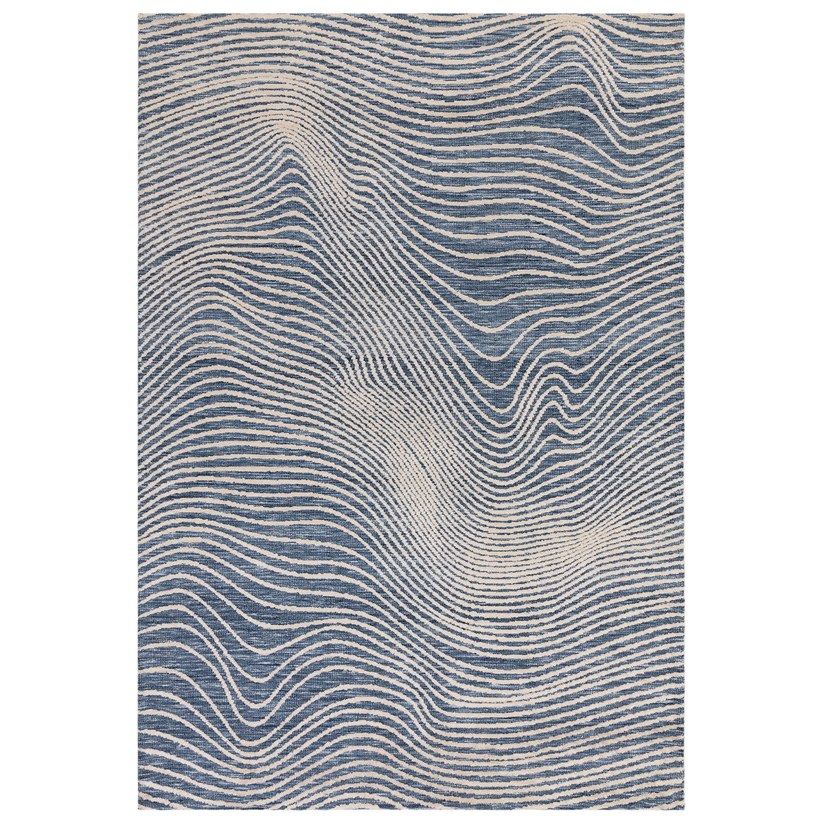 Rug with wavy blue and beige pattern on a white background