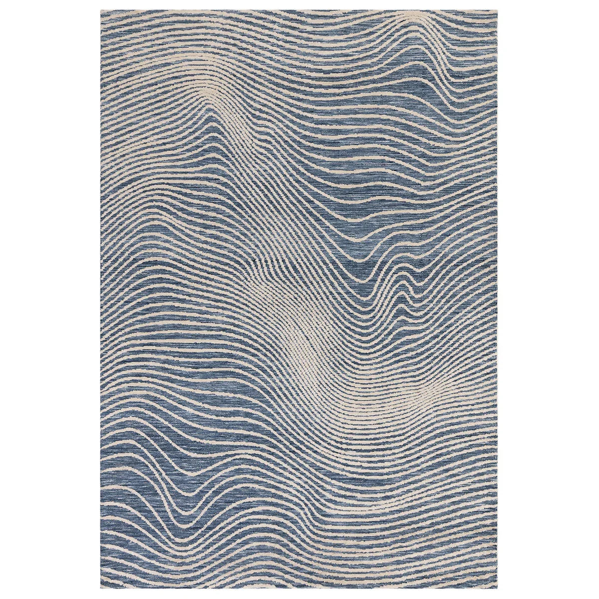 Rug with wavy blue and beige pattern on a white background