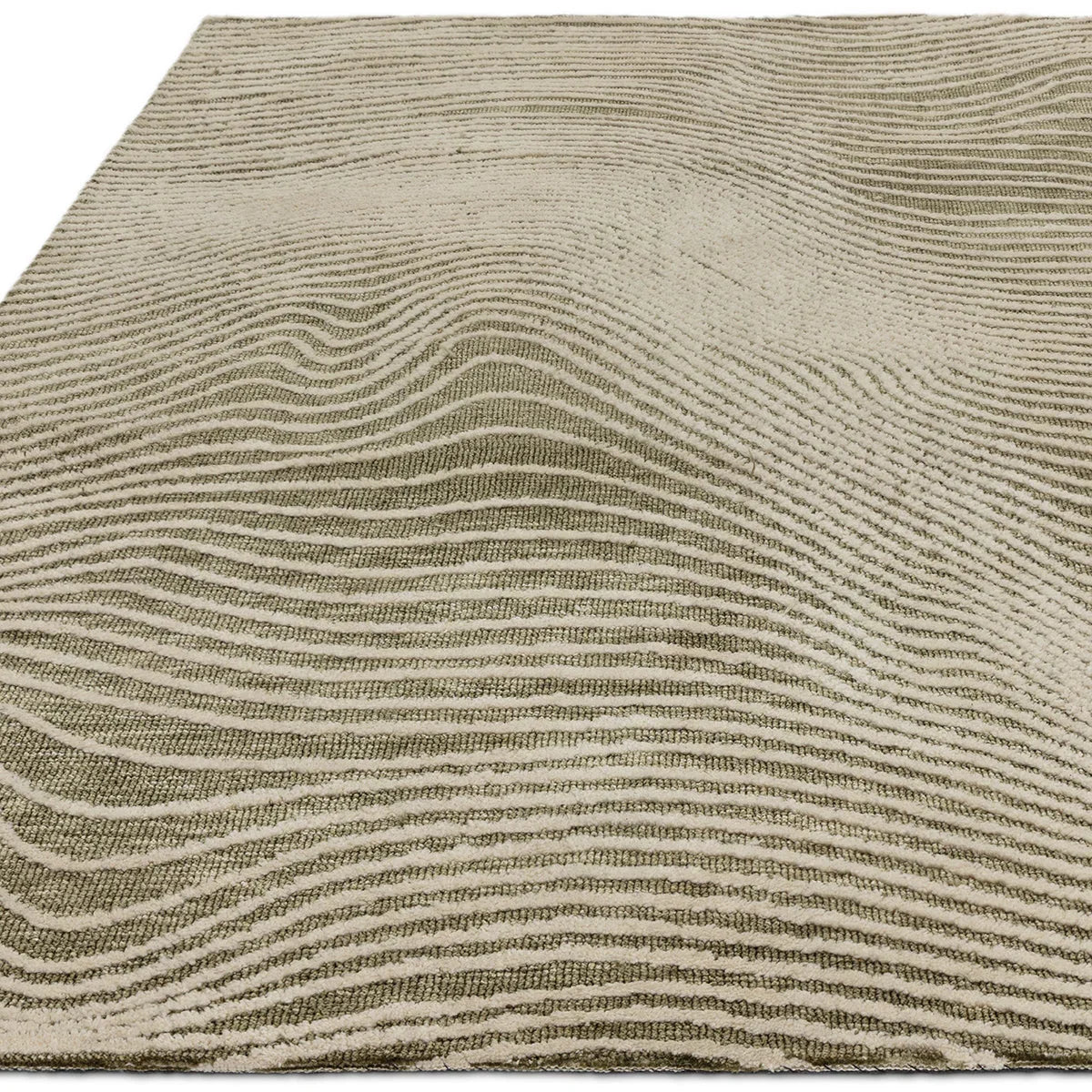 Asiatic Mason Magnitude Sage Rug featuring wavy stripe pattern in beige, taupe and cream on light background, machine-woven wool