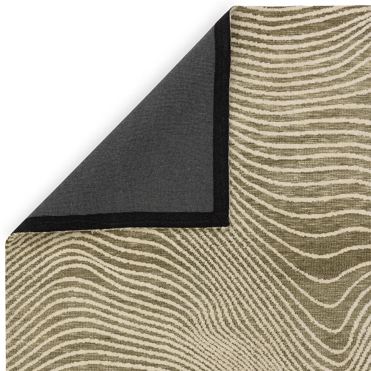Asiatic Mason Magnitude Sage Designer Rug featuring zebra-stripe pattern in beige, taupe, cream and sage on tan background, hand-tufted wool