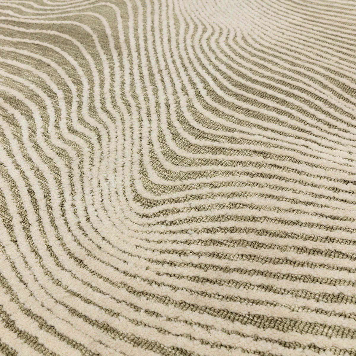 Asiatic Mason Magnitude Sage Designer Rug featuring abstract wavy lines in sage, cream and taupe on cream background, hand-tufted wool