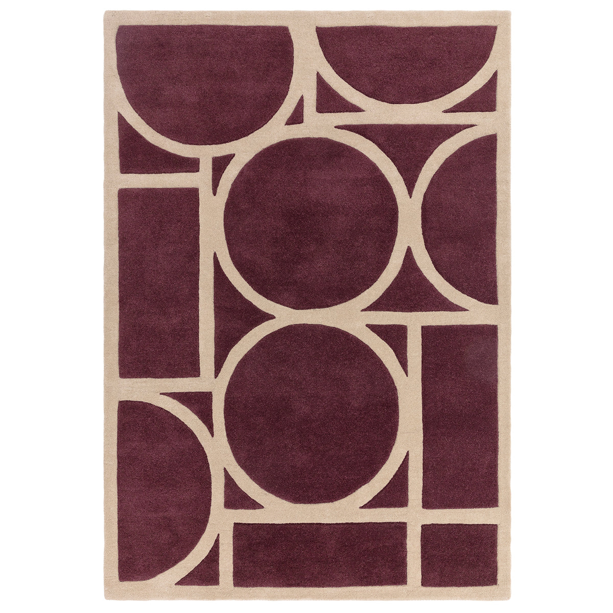 Rug with geometric pattern of circles and squares in purple and beige on a white background
