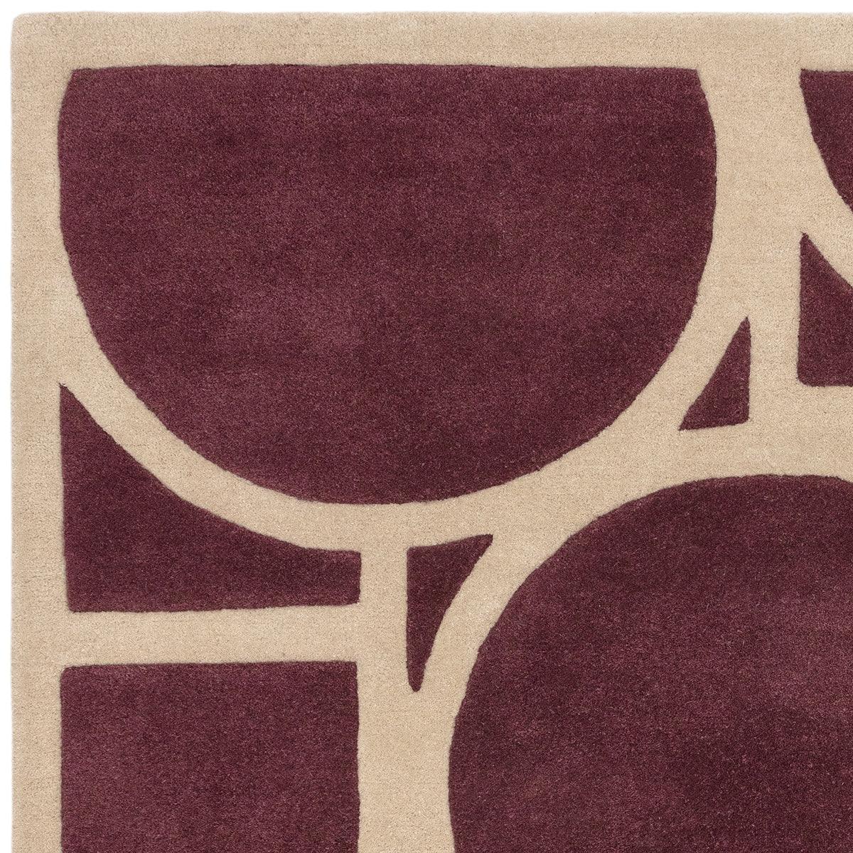 Asiatic Metro Plum Designer Rug featuring abstract curved-line pattern in plum on beige background, machine-woven wool