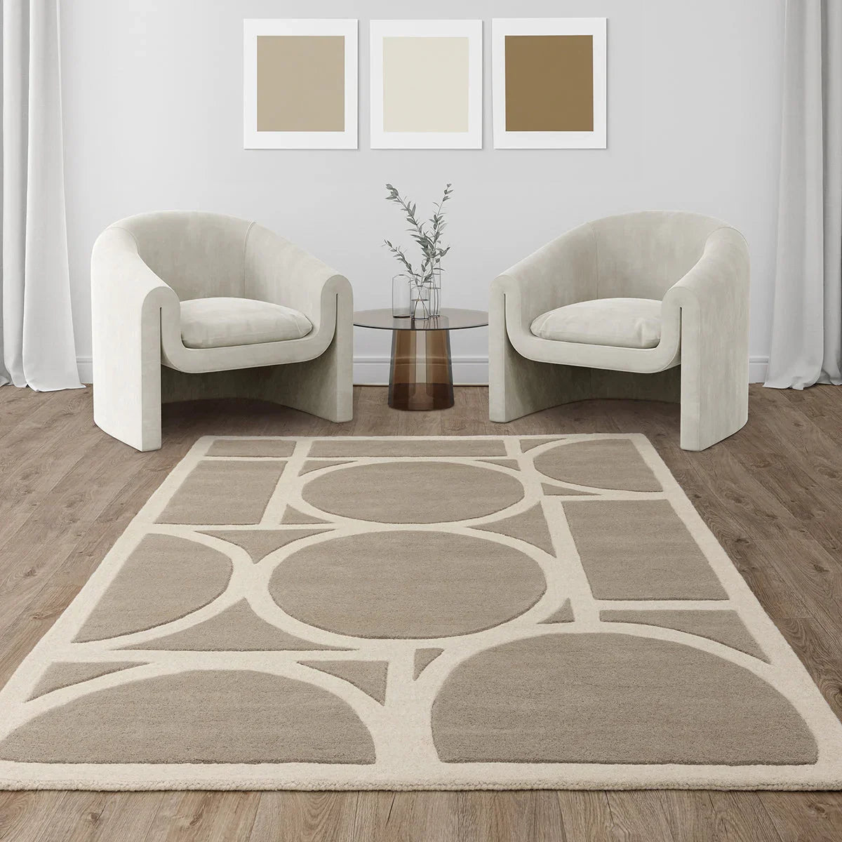 Asiatic Metro Taupe Rug featuring geometric circular pattern in taupe, cream and beige on soft cream background, machine-woven wool