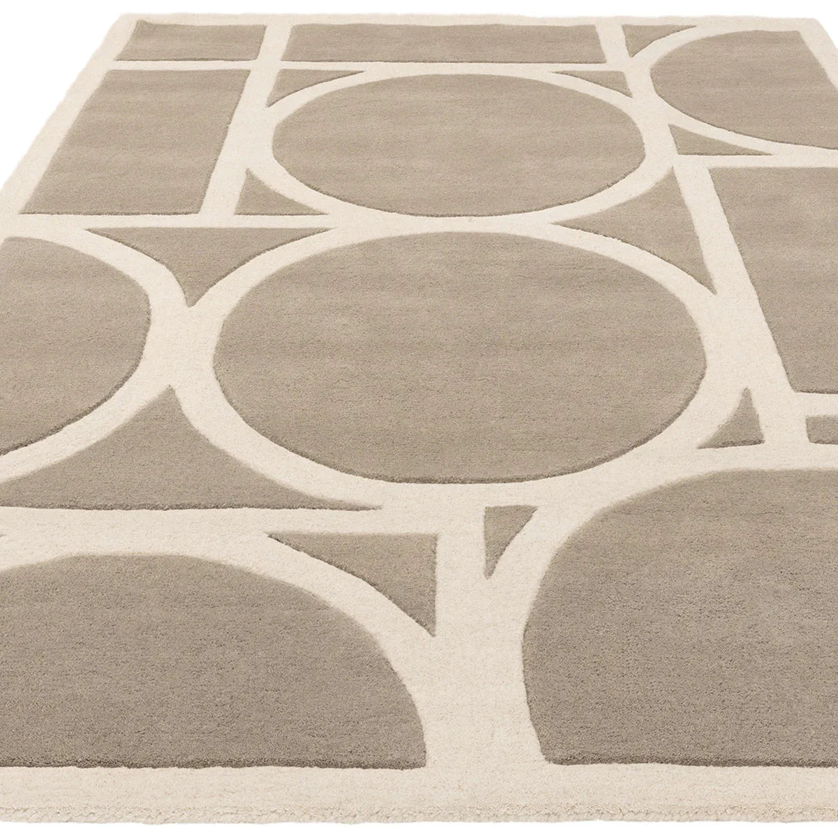 Asiatic Metro Taupe Designer Rug featuring circular geometric pattern in taupe and ivory on cream, hand-tufted wool