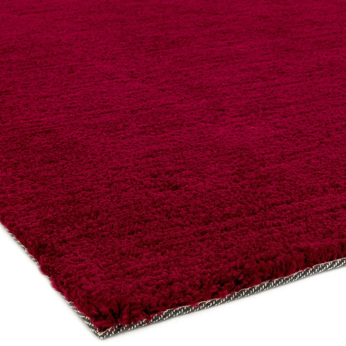 Asiatic Milo Berry Designer Rug featuring shaggy design in burgundy on light grey edge, machine-made wool blend