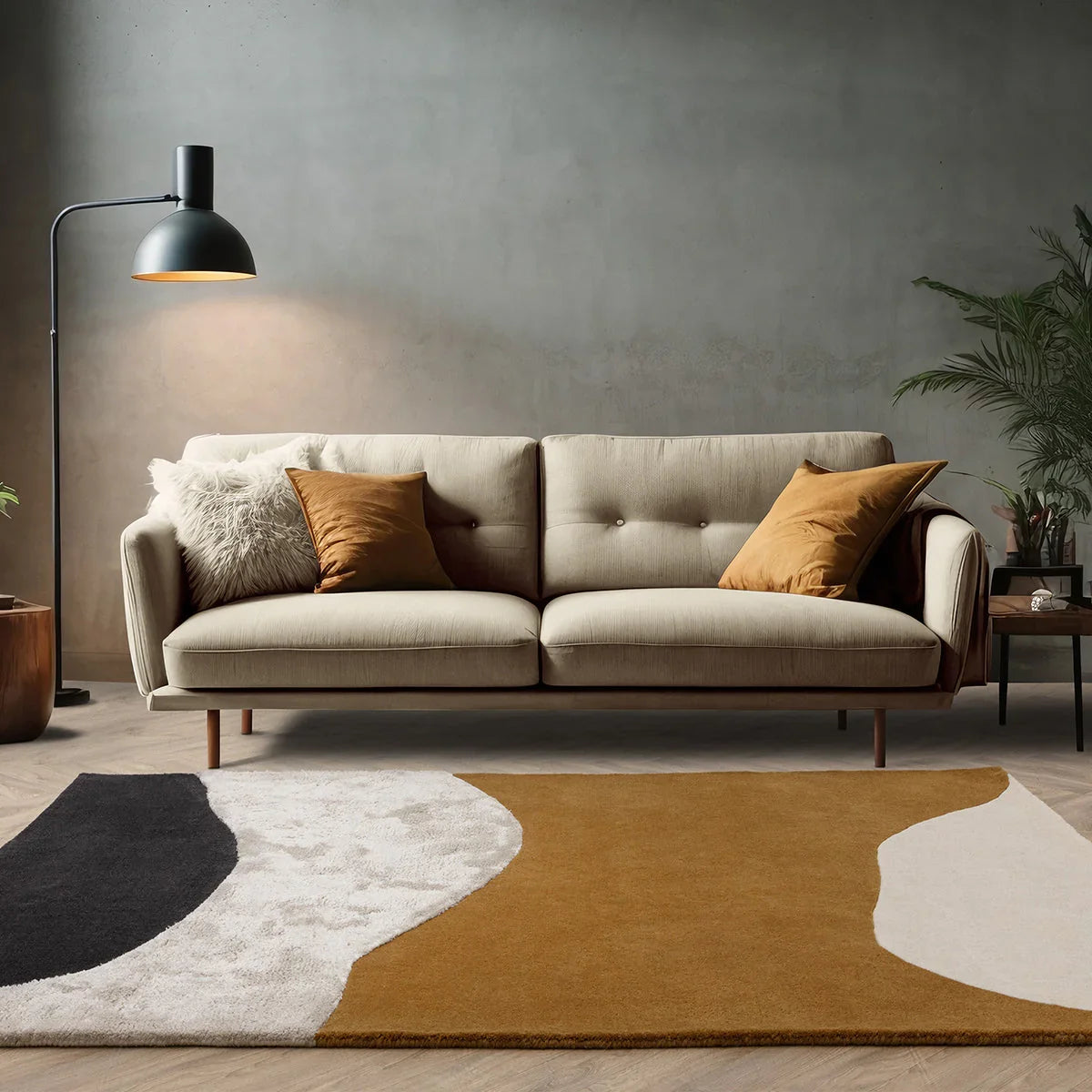 Asiatic Matrix Signature Ochre Rug with abstract geometric pattern in ochre, black, ivory on cream, hand-tufted wool